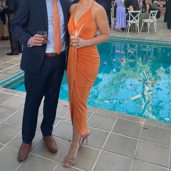 Lulus Dreamy Date Orange Surplice Midi Dress - Picture 6 of 6